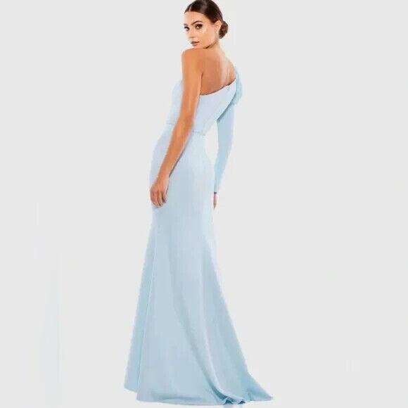 Mac Duggal Dress size 2, blue One Shoulder Long Sleeve Jersey formal Gown - Picture 2 of 5